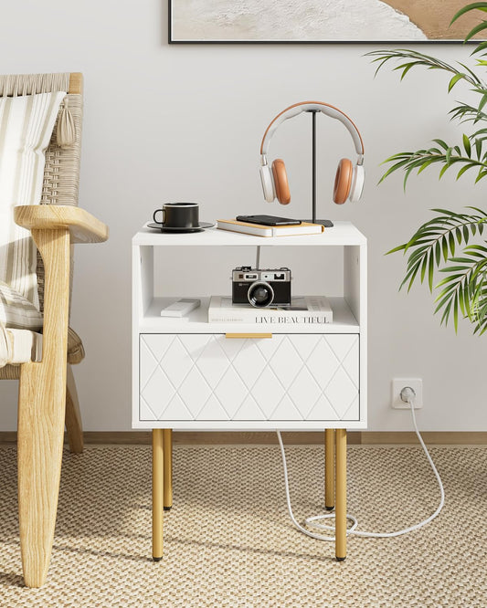 White Diamond Nightstand with Charging