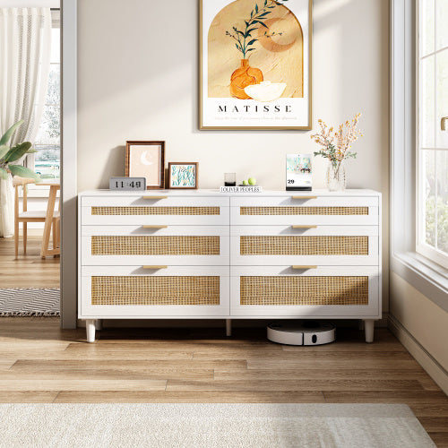 White Rattan 6-Drawer Dresser