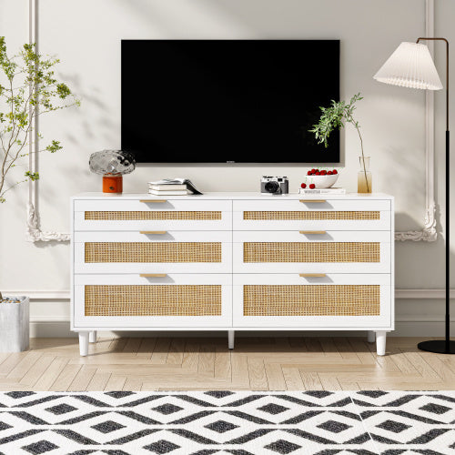 White Rattan 6-Drawer Dresser