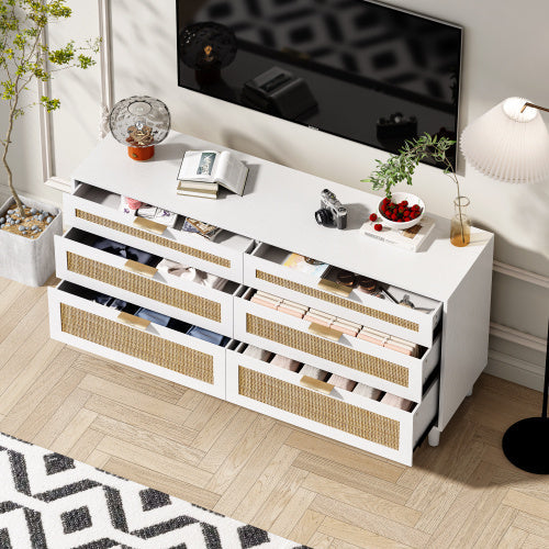 White Rattan 6-Drawer Dresser