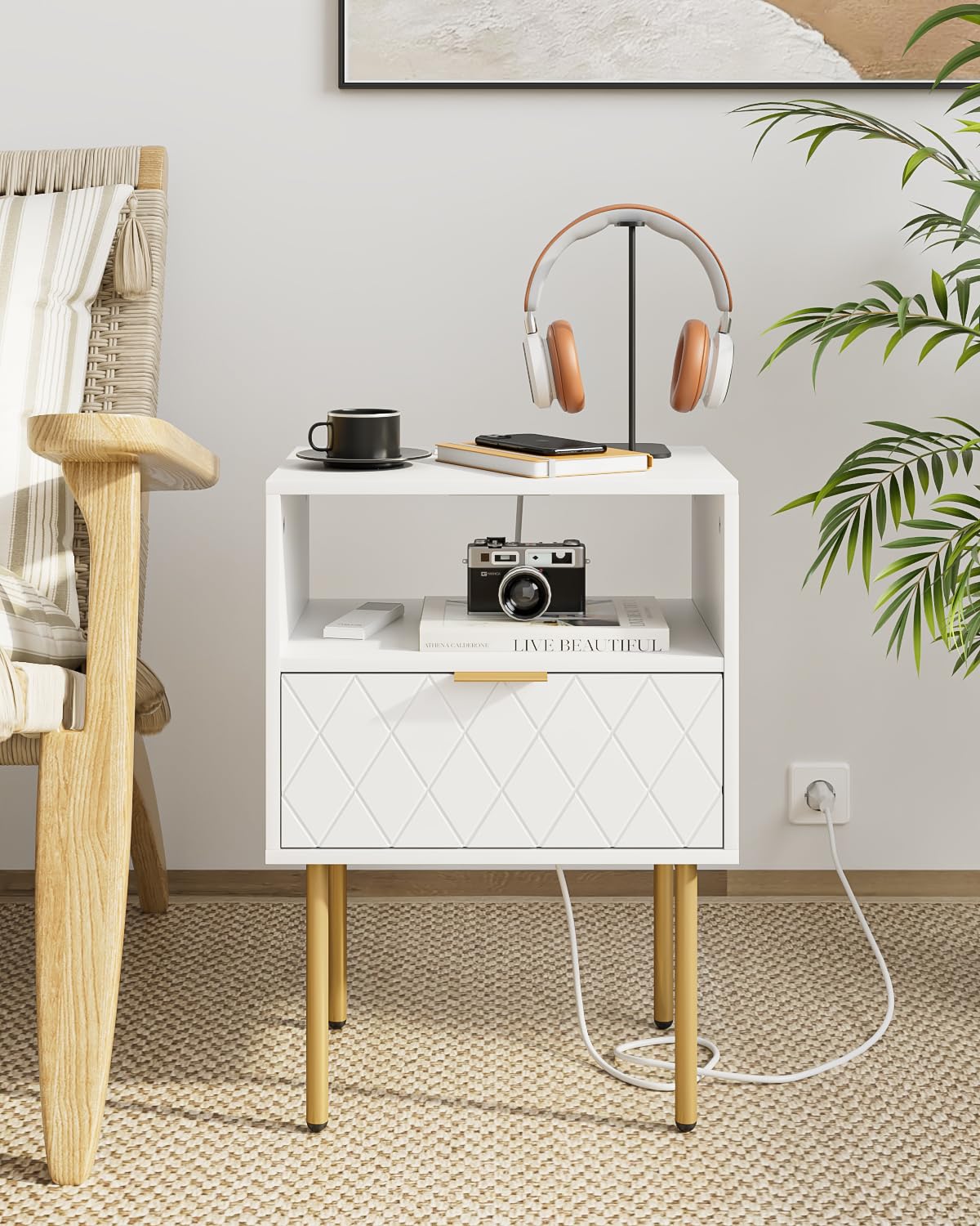 White Diamond Nightstand with Charging